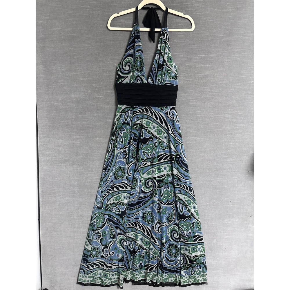 Vintage y2k ECI New York Dress 4‎ Blue Green Paisley Halter Maxi Sundress Mesh